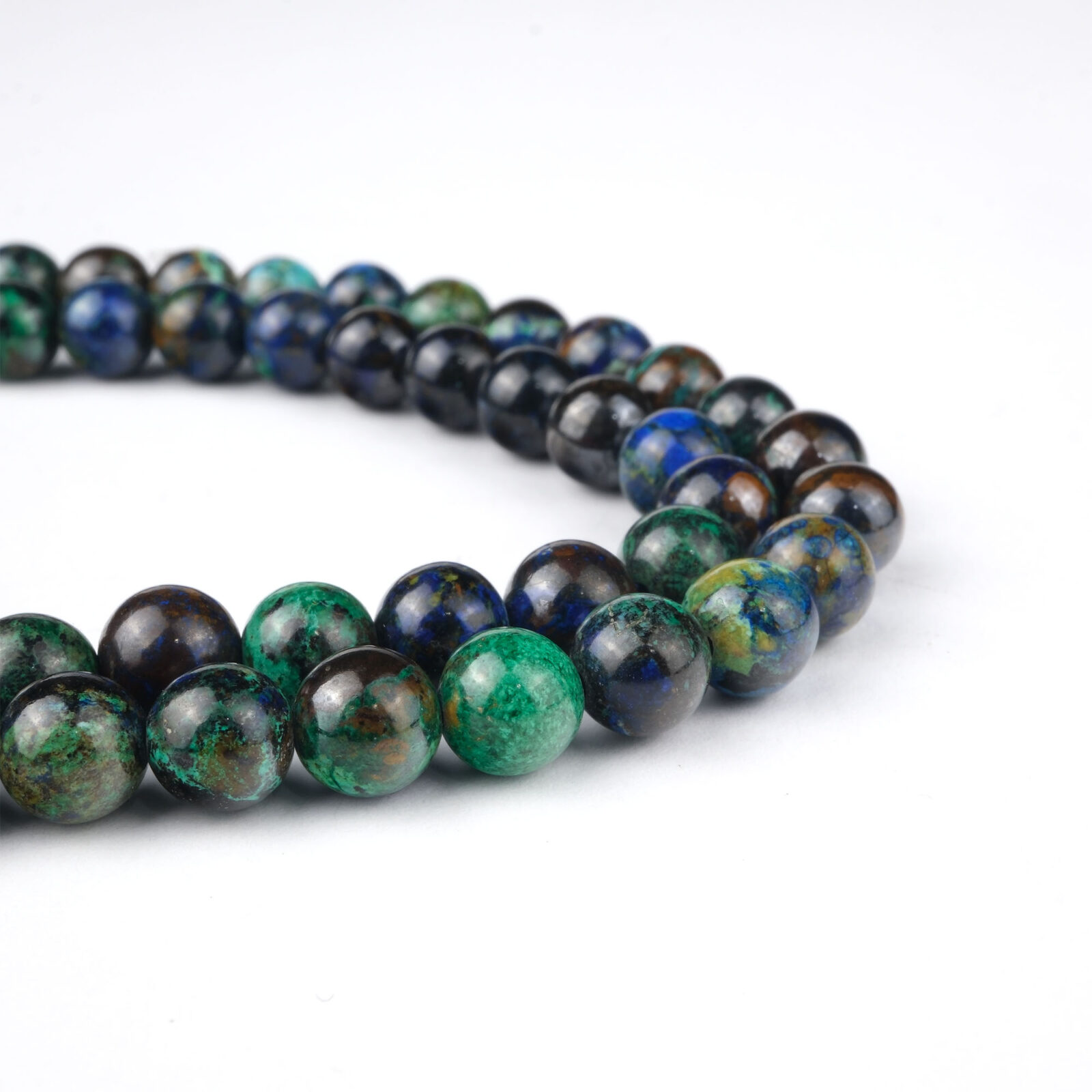 Azurit Malahit doğal taş dizi 6 mm – mavi ve yeşil tonlarının birleşimiyle dönüşüm, farkındalık ve denge enerjisi sunan toptan doğal taş dizi