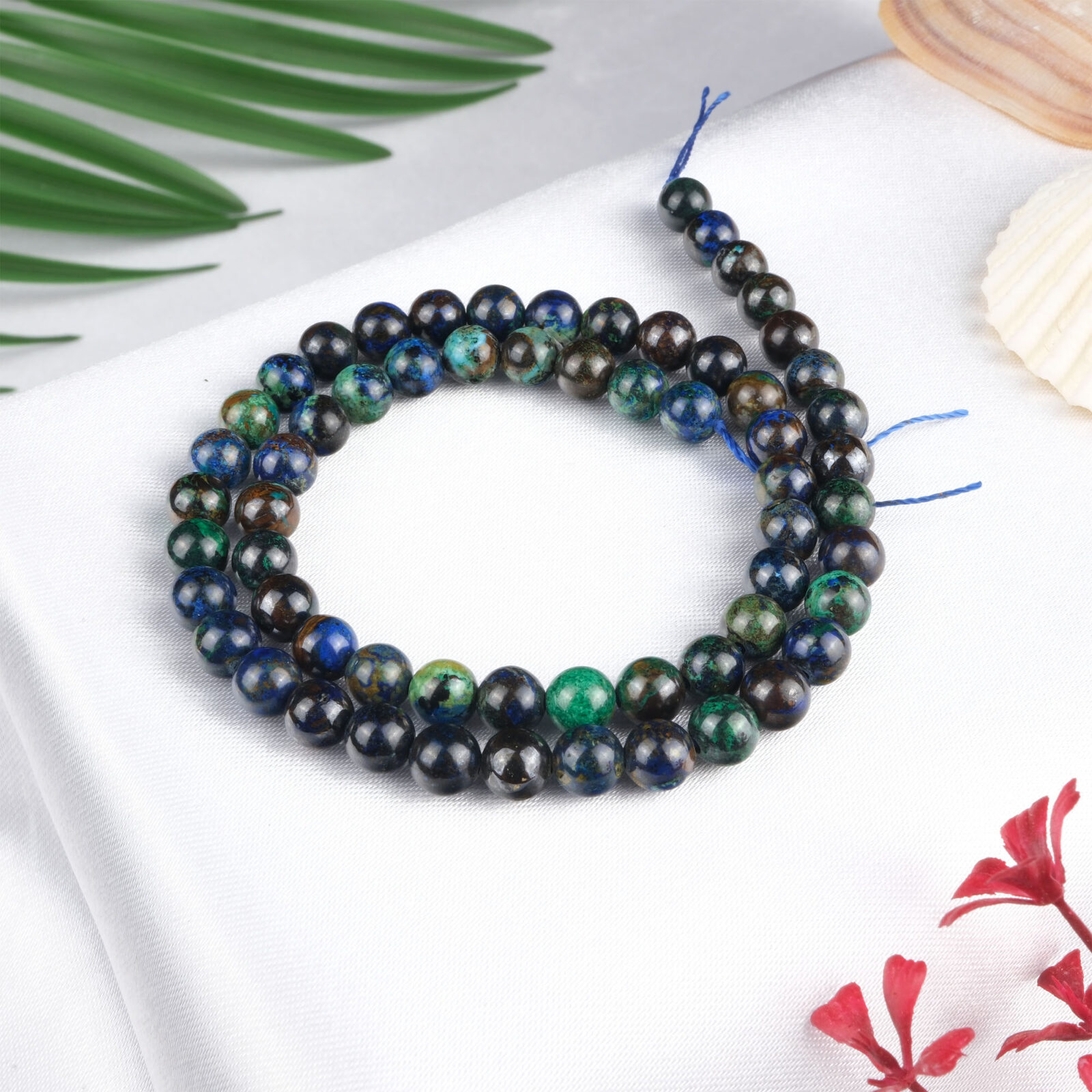 Azurit Malahit doğal taş dizi 6 mm – mavi ve yeşil tonlarının birleşimiyle dönüşüm, farkındalık ve denge enerjisi sunan toptan doğal taş dizi