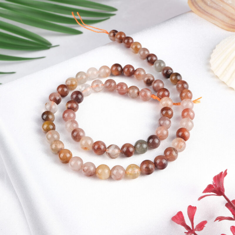 Bakır Rutil Kuvars doğal taş dizi 6 mm – içindeki bakır kristal iğneleriyle enerjiyi güçlendiren, takı yapımına uygun toptan doğal taş dizi