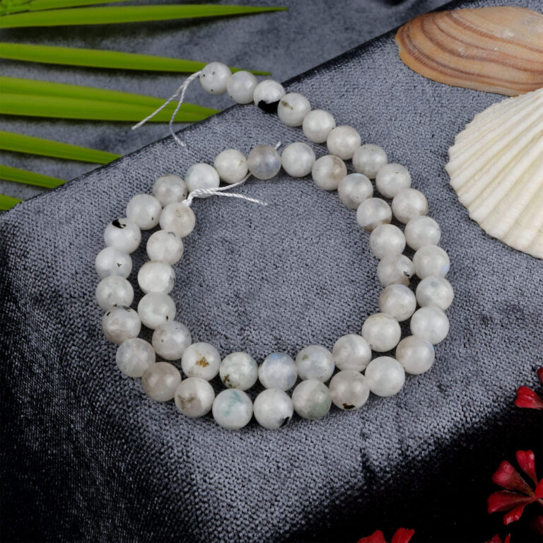 Hindistan Ay Taşı doğal taş dizi 8 mm – beyaz ve mavi yansımalarıyla sezgisel güç, duygusal denge ve huzur sağlayan toptan doğal taş dizi