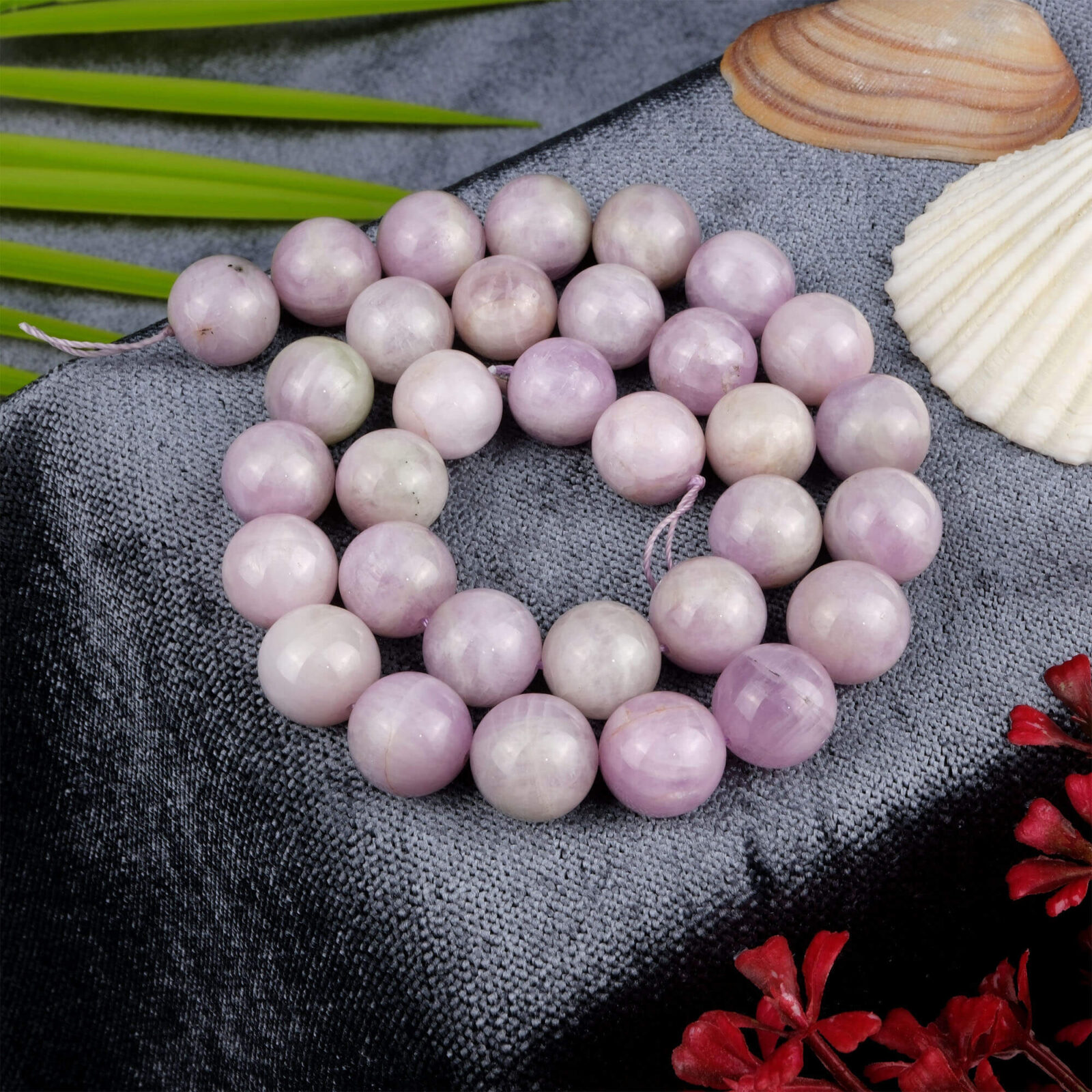 Kunzit doğal taş dizi 14 mm – pembe-mor tonlarıyla sevgi, huzur ve ruhsal denge sağlayan toptan doğal taş dizi