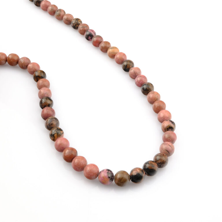 Rodonit doğal taş dizi – toptan doğal taş dizi, pembe ve siyah damarlarıyla sevgi, denge ve şefkat enerjisi sunan taş.