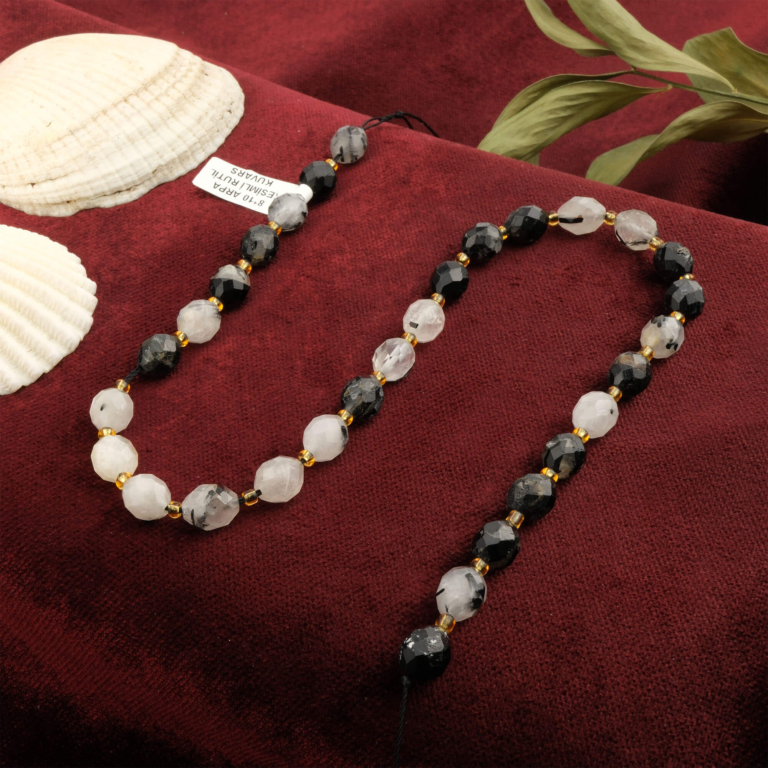 Arpa kesim Rutil Kuvars doğal taş dizi 8x10mm – bolluk, içsel denge ve enerji akışını güçlendiren toptan doğal taş dizi