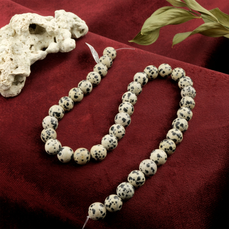 Dalmaçyalı Jasper doğal taş dizi 10mm – siyah benekli bej tonlarıyla koruma, topraklanma ve denge enerjisi sunan toptan doğal taş dizi