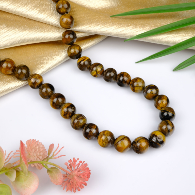 Kaplangözü toptan doğal taş dizi 14mm – altın kahverengi çizgileriyle cesaret, odak ve koruma enerjisi yayan güçlü doğal taş modeli.