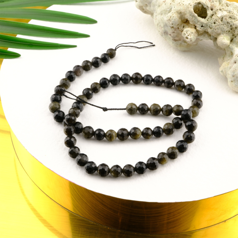 Kesimli Gold Obsidyen doğal taş dizi 6mm – koruyucu enerjisi ve altın ışıltısıyla öne çıkan toptan doğal taş dizi