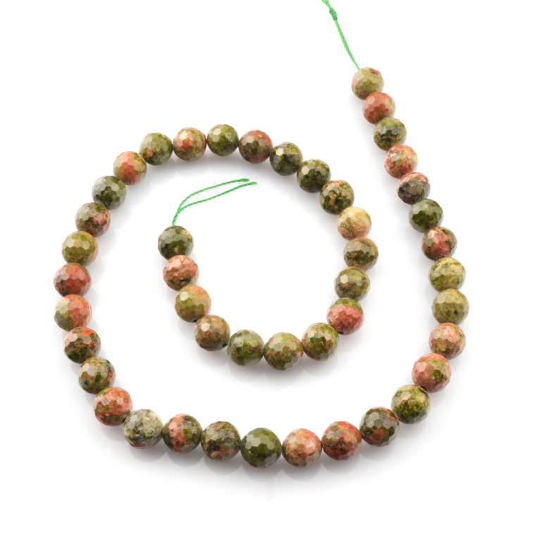 Kesimli Unakit doğal taş dizi 8mm – yeşil ve pembe tonlarıyla denge, şifa ve kalp çakrası uyumu sağlayan toptan doğal taş dizi