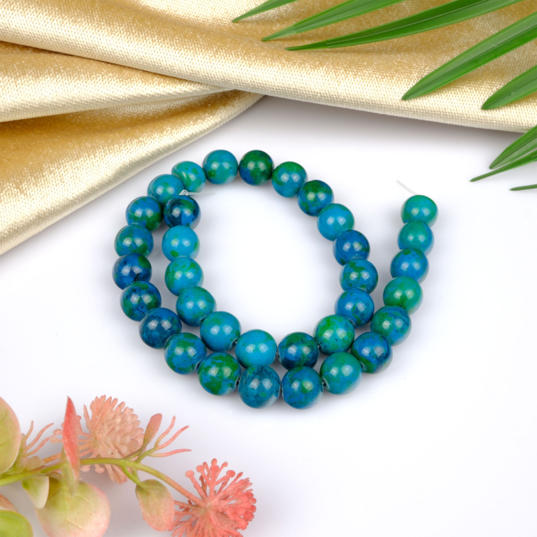 Krizokol toptan doğal taş dizi 12mm – mavi ve yeşil tonlarıyla huzur, iletişim ve duygusal denge enerjisi yayan doğal taş modeli.