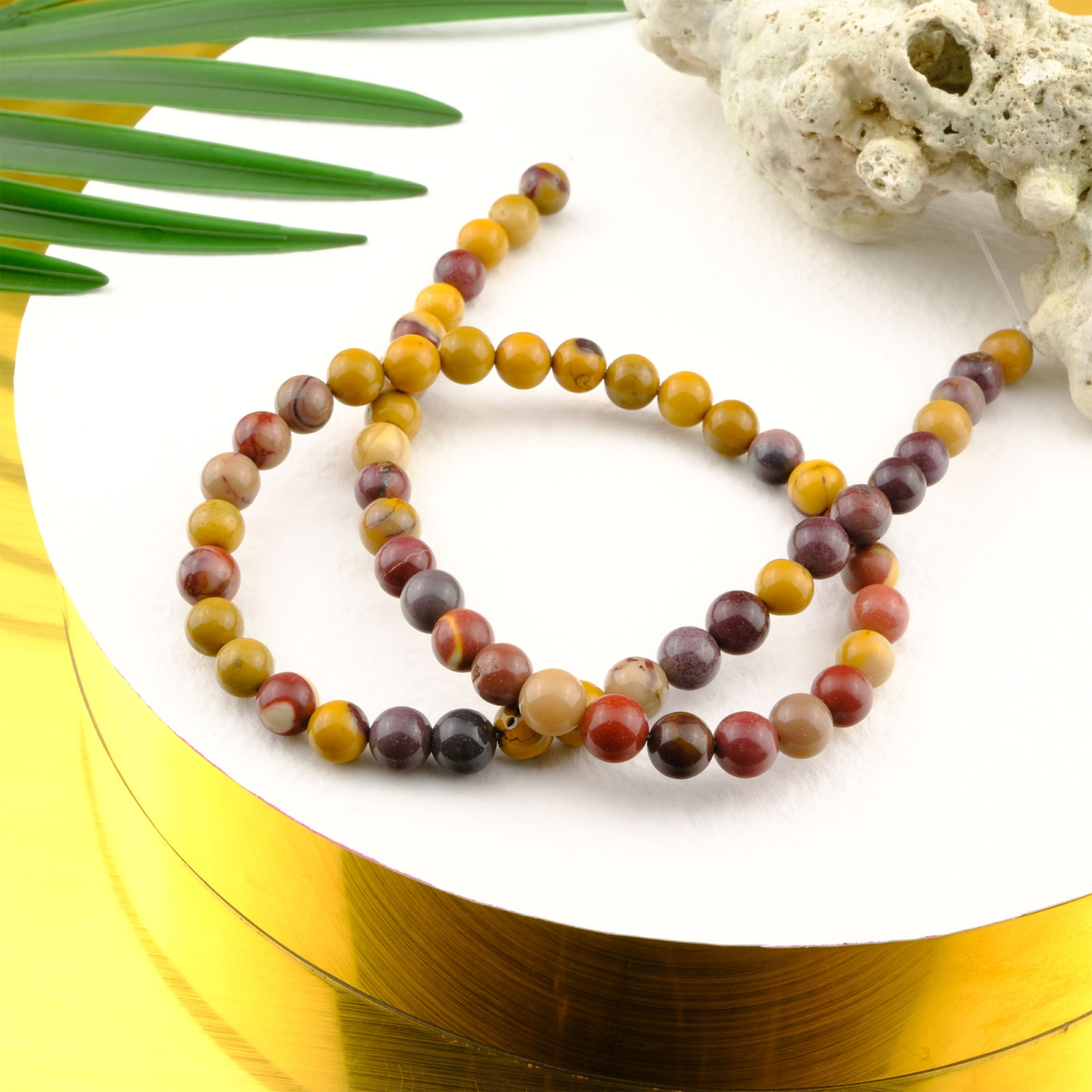 Mokait Jasper doğal taş dizi 6mm – sarı, bordo ve krem tonlarıyla enerjiyi dengeleyen, canlılık veren toptan doğal taş dizi.