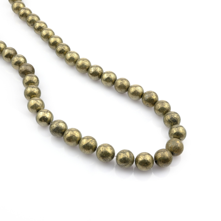 Pirit doğal taş dizi 10mm – altın ışıltılı yüzeyiyle bolluk, bereket ve özgüven enerjisini yükselten toptan doğal taş dizi.