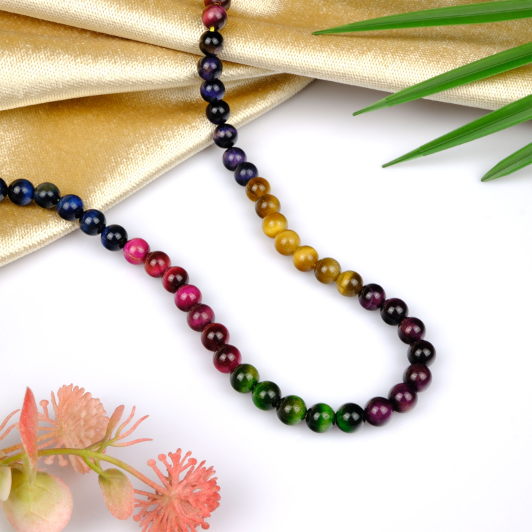 Renkli Kaplangözü 2 doğal taş dizi 8mm – mavi, altın ve kırmızı tonlarıyla kararlılık, cesaret ve içsel denge enerjisi sunan toptan doğal taş dizi