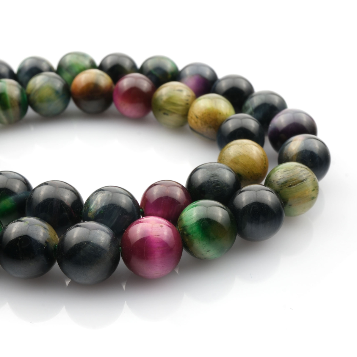 Renkli Kaplangözü 3 doğal taş dizi 8mm – mavi, yeşil, altın ve kırmızı geçişlerle güç, denge ve sezgi enerjisini birleştiren toptan doğal taş dizi