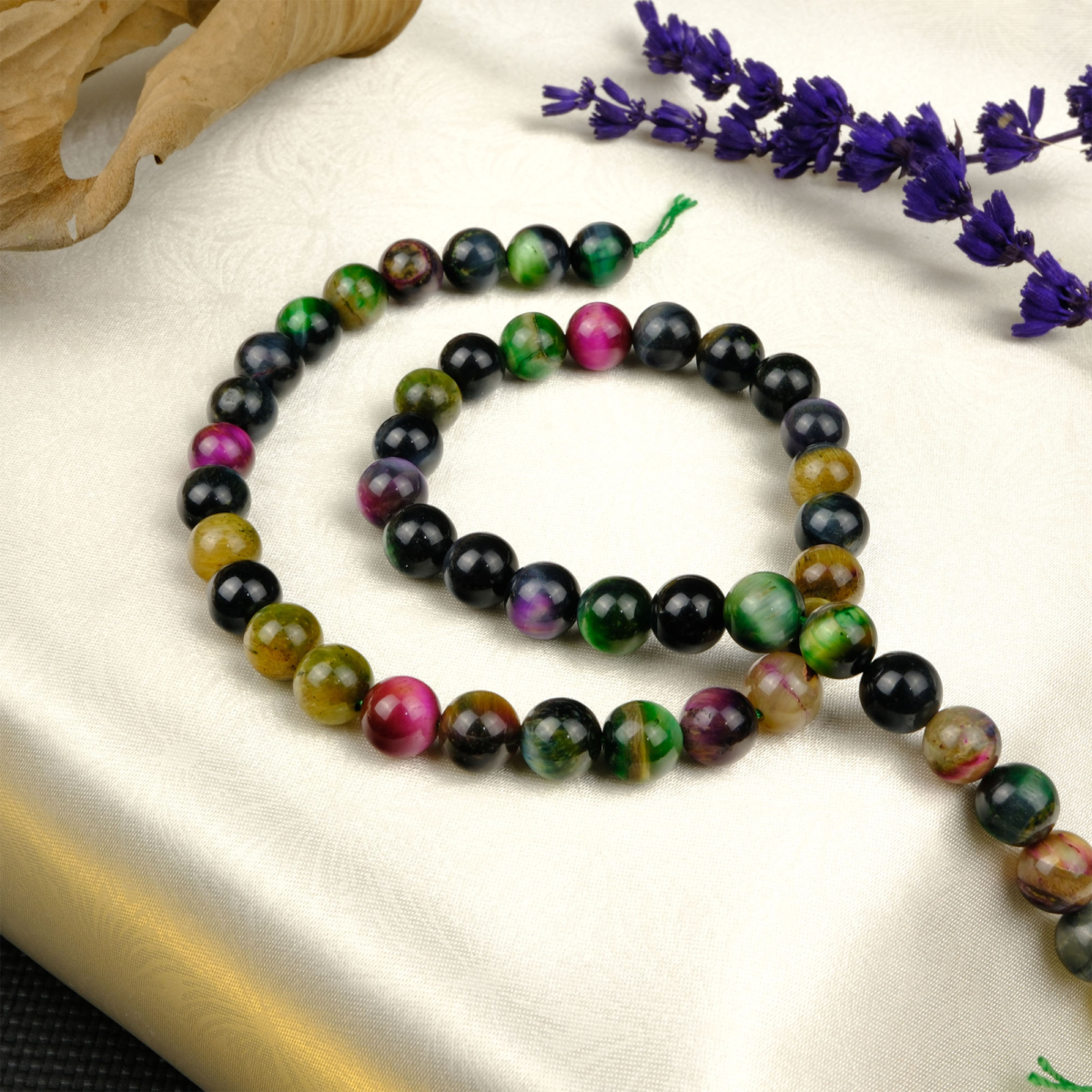 Renkli Kaplangözü 3 doğal taş dizi 8mm – mavi, yeşil, altın ve kırmızı geçişlerle güç, denge ve sezgi enerjisini birleştiren toptan doğal taş dizi