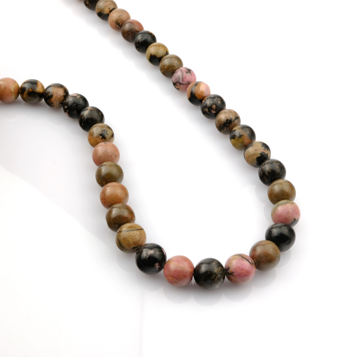 Rodonit doğal taş dizi 10mm – pembe ve siyah damarlarıyla sevgi, denge ve şifa enerjisi yayan toptan doğal taş dizi.