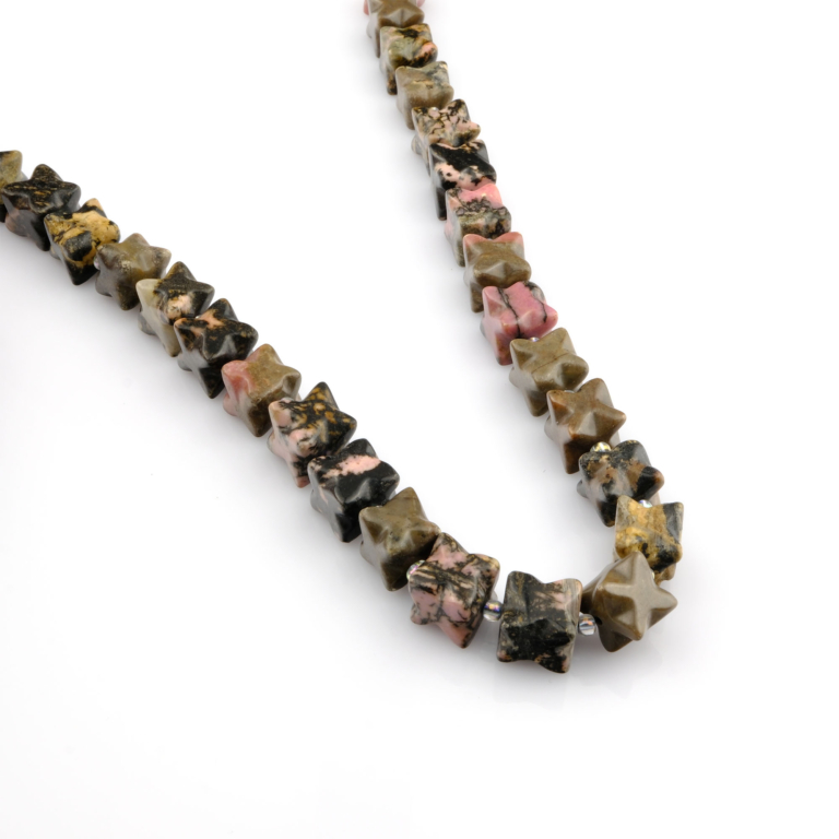 Rodonit doğal taş dizi — toptan doğal taş dizi; pembe ve siyah tonlarıyla duygusal dengeyi güçlendiren, sevgi enerjisini destekleyen taş.