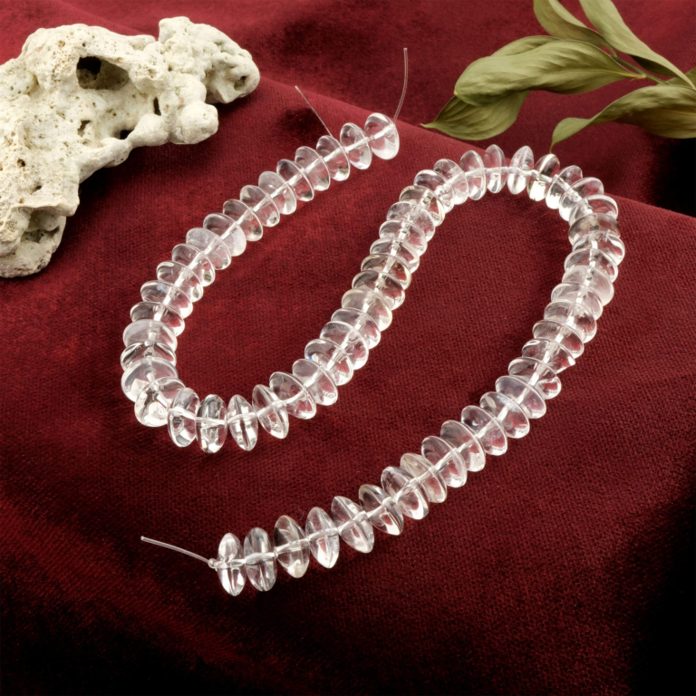 Rondel Kesim Kristal Kuvars doğal taş dizi – saf berraklığıyla enerji arındırma, meditasyon ve takı tasarımlarında kullanılan toptan doğal taş dizi