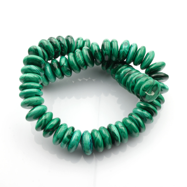 Rondel Malahit doğal taş dizi – güçlü koruma enerjisiyle negatifliği dönüştüren, kalp çakrasını dengeleyen toptan doğal taş dizi