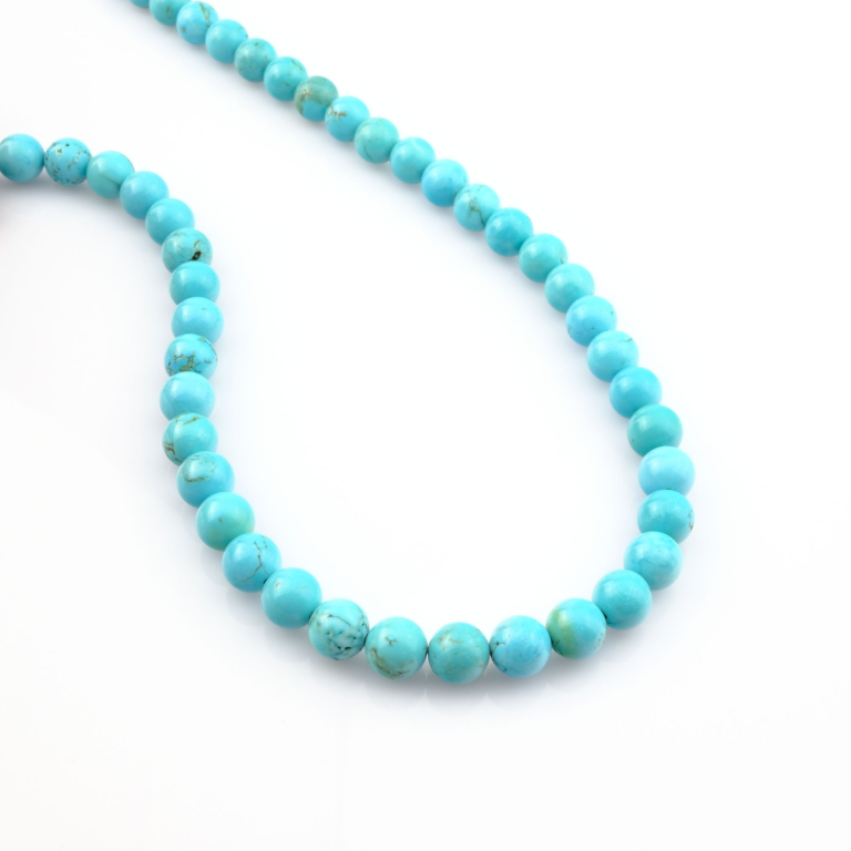 Turkuaz doğal taş dizi 8mm – mavi-yeşil tonlarıyla şifa, denge ve koruma enerjisi sunan zarif görünümlü toptan doğal taş dizi.