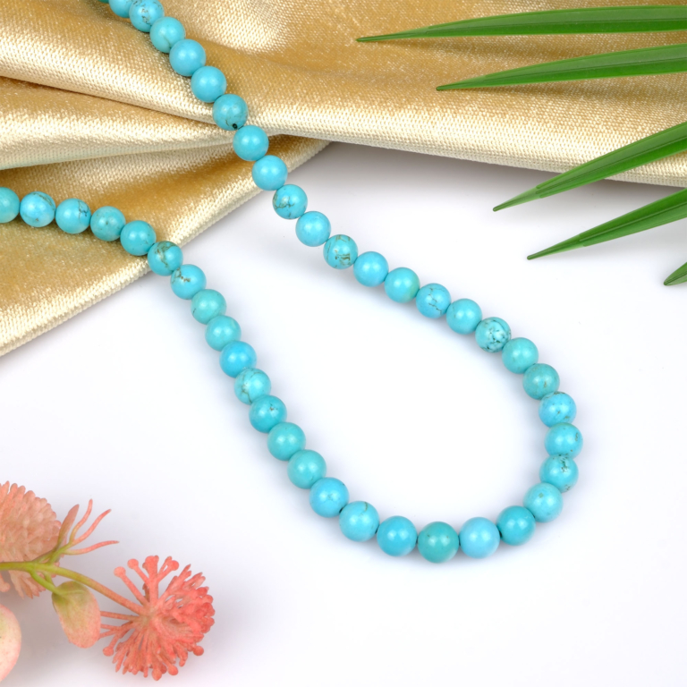 Turkuaz doğal taş dizi 8mm – mavi-yeşil tonlarıyla şifa, denge ve koruma enerjisi sunan zarif görünümlü toptan doğal taş dizi.