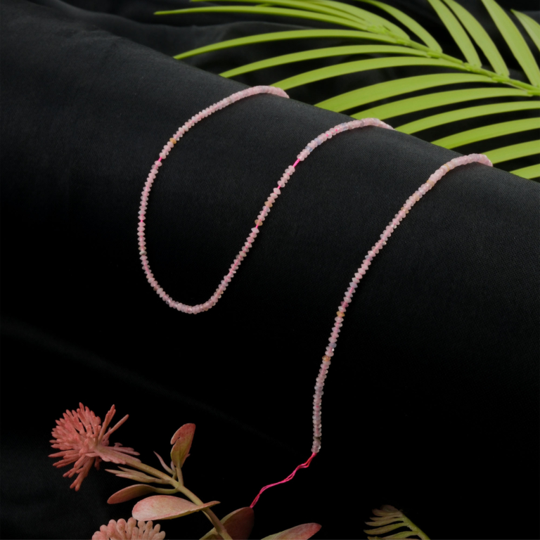 toptan doğal taş dizi morganit, 2mm disk rondel kesim formuyla yumuşak pembe ve şeftali tonları sunan, zarif takı üretimi için ideal doğal taş dizi