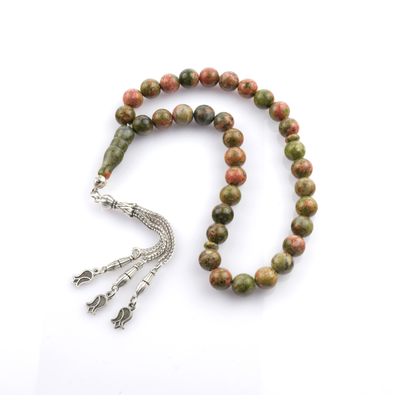 Toptan doğal taş unakit tesbih, pembe ve yeşil tonların dengesiyle sakinleştirici enerji sunan, manevi kullanım için ideal doğal taş tesbih