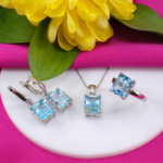 Orijinal Blue Topaz Doğal Taş Gümüş Set