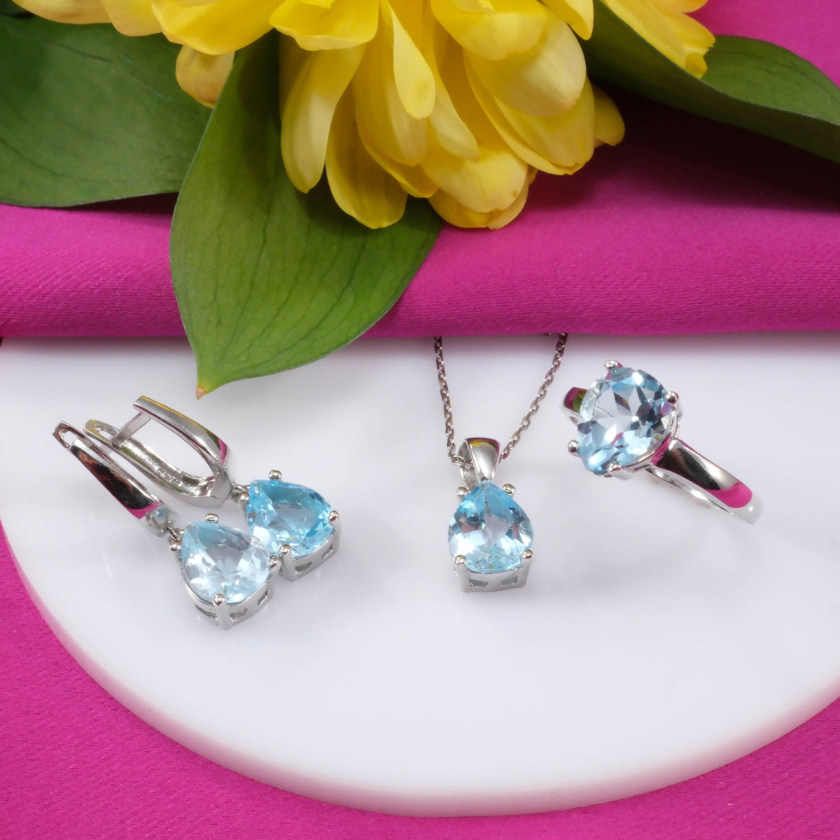 Orijinal Blue Topaz Doğal Taş Gümüş Set