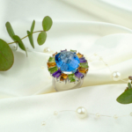 Blue Topaz Ametist-Zebercet ve Sitrin Doğal Taş Gümüş Bayan Yüzük