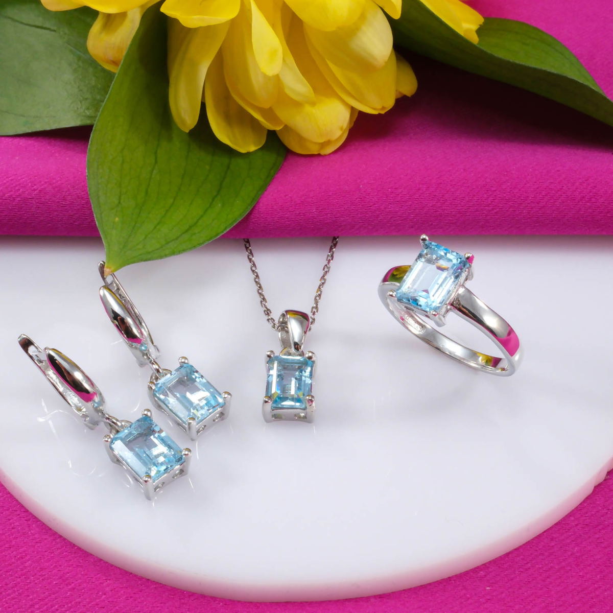 Orijinal Blue Topaz Doğal Taş Gümüş Set