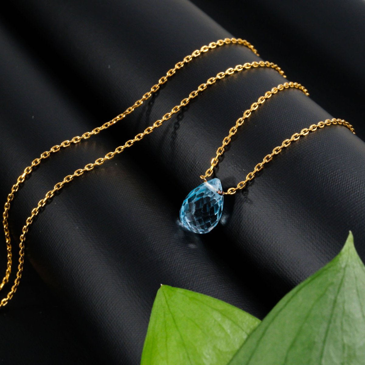 Blue Topaz Doğal Taş Drop Model Gold Gümüş Kolye