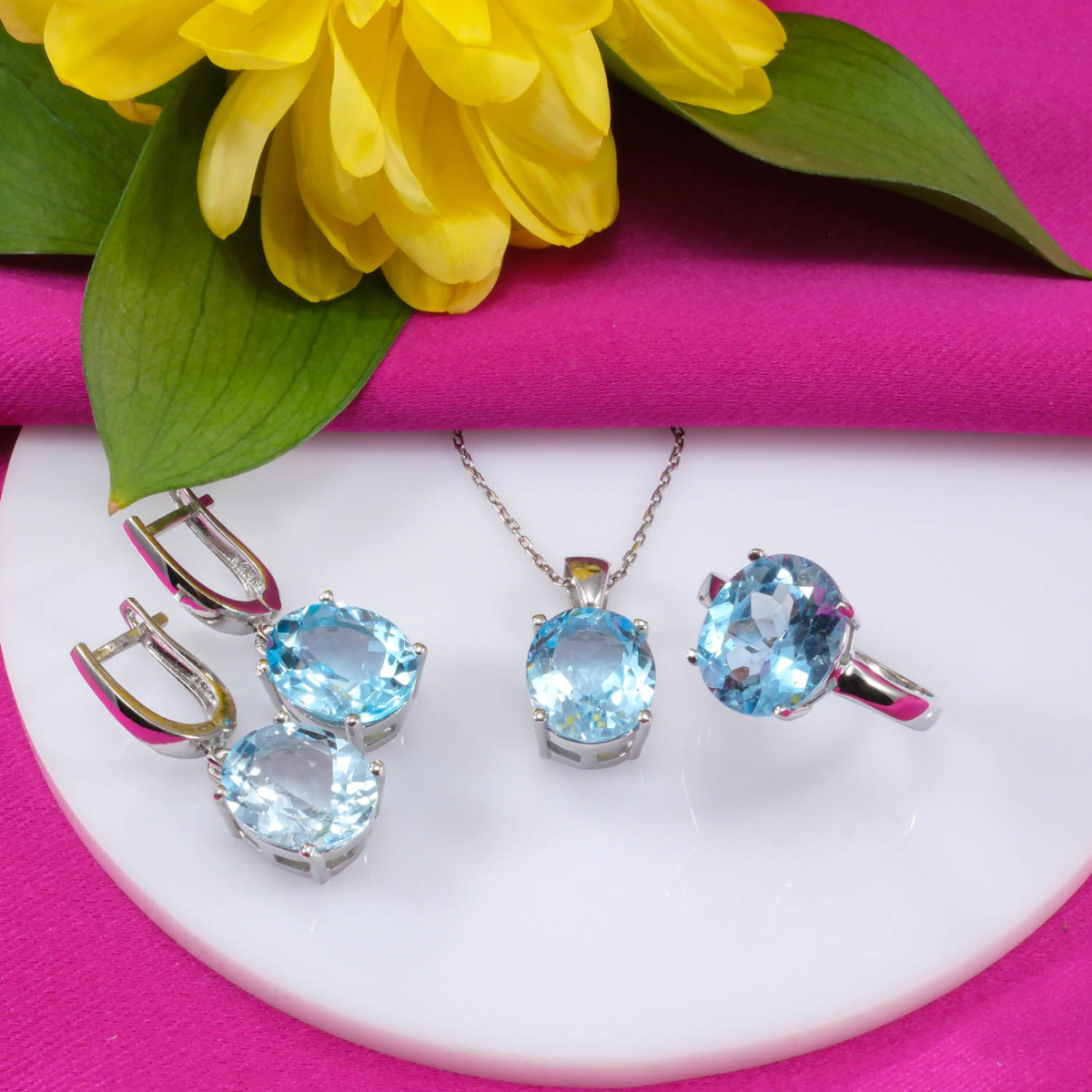 Orijinal Blue Topaz Doğal Taş Gümüş Set