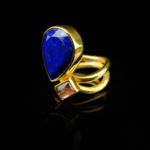 Lapis Lazuli Turmalin Doğal Taş Gümüş Gold Bayan Yüzük - Görsel 6