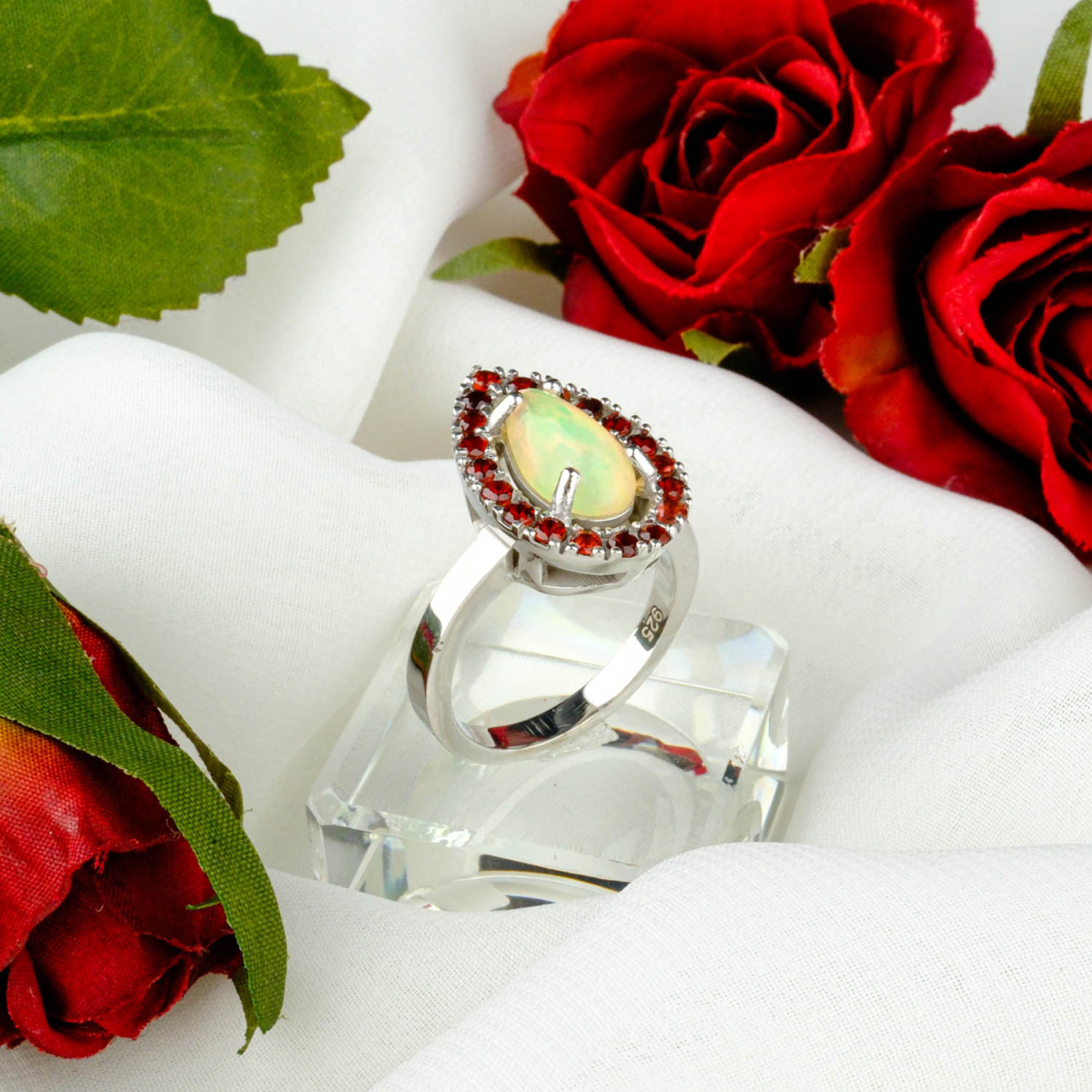 Opal Garnet Doğal Taş Gümüş Bayan Yüzük