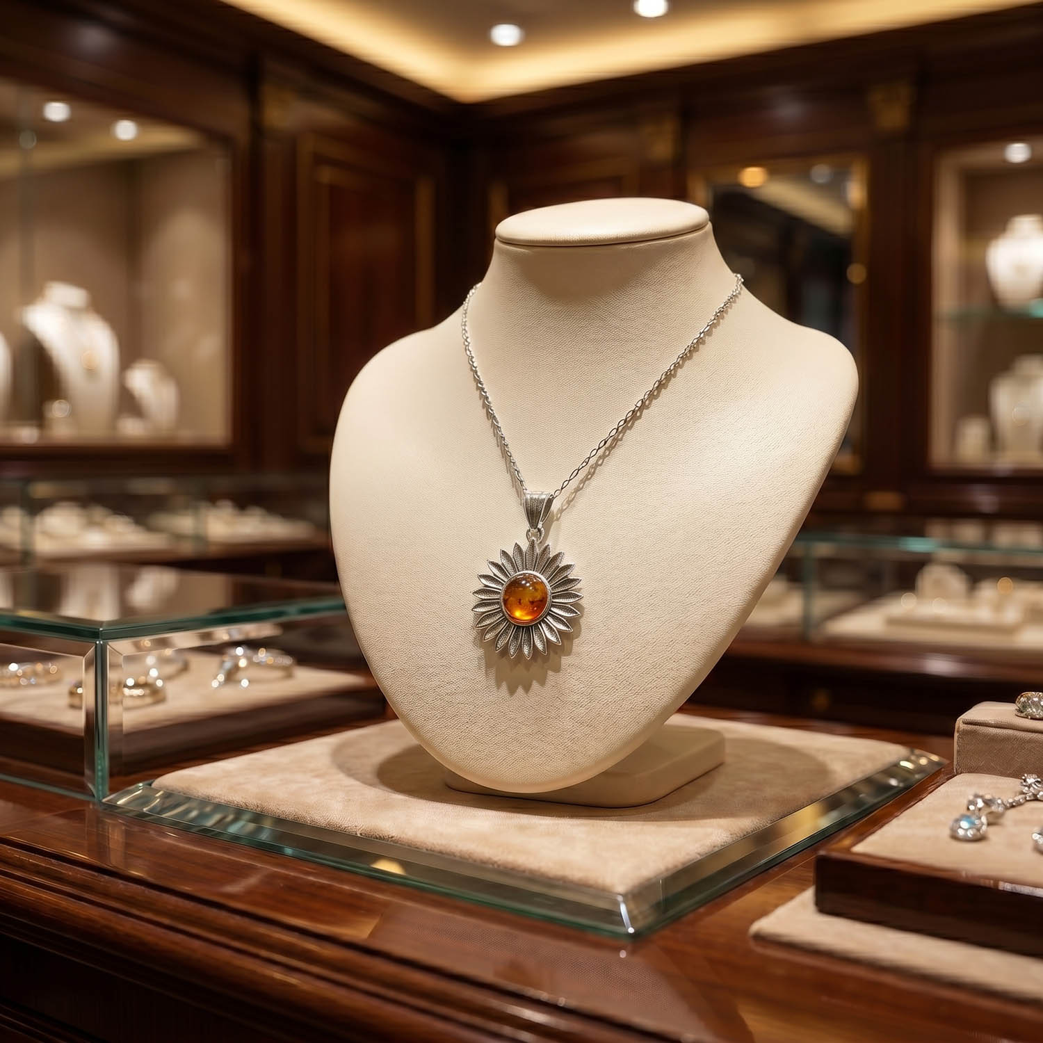 Collar de mujer de plata 925 diseñado con piedra de ámbar original y motivo de girasol.