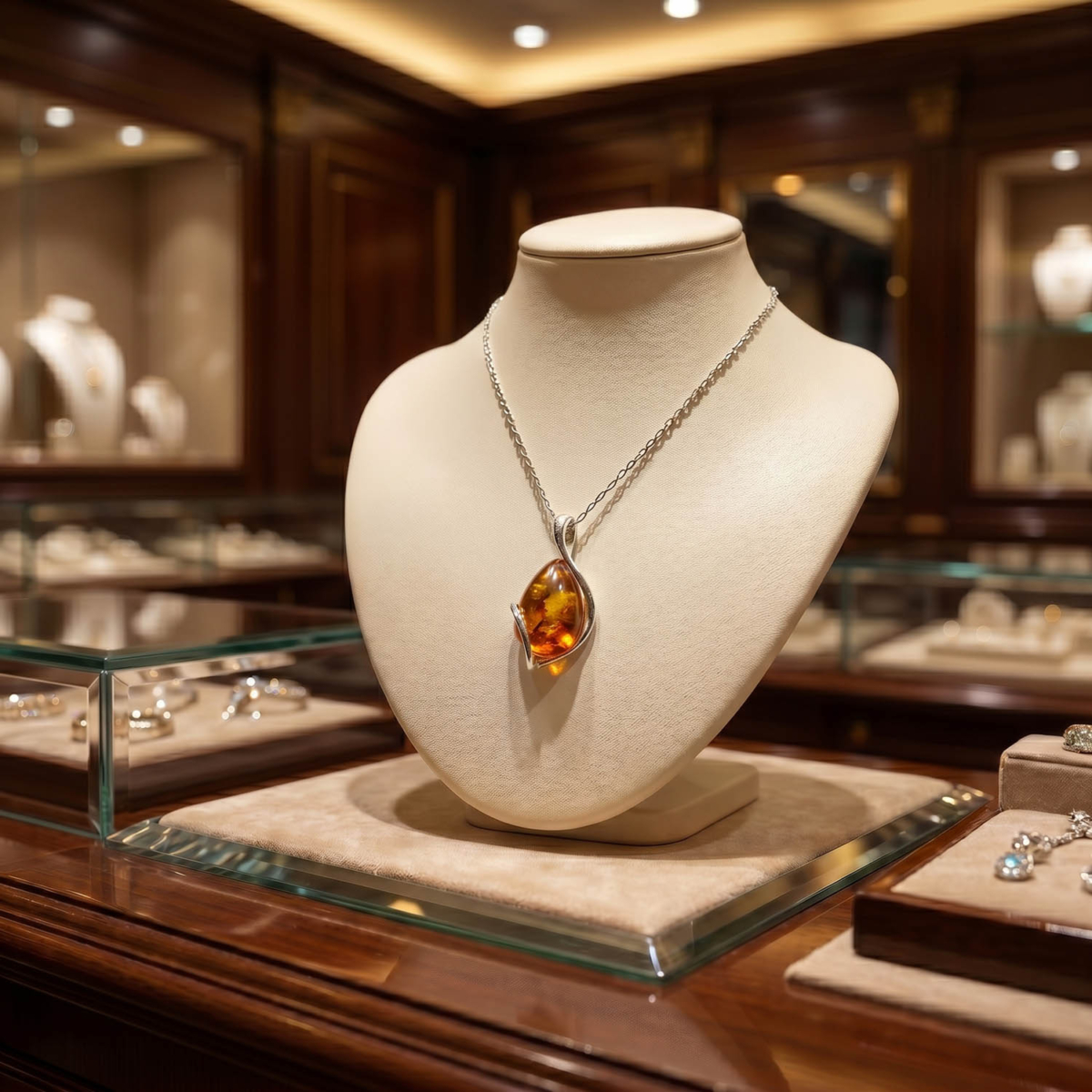 Collana da donna in argento 925 disegnata con una pietra naturale di ambra originale a forma di goccia.
