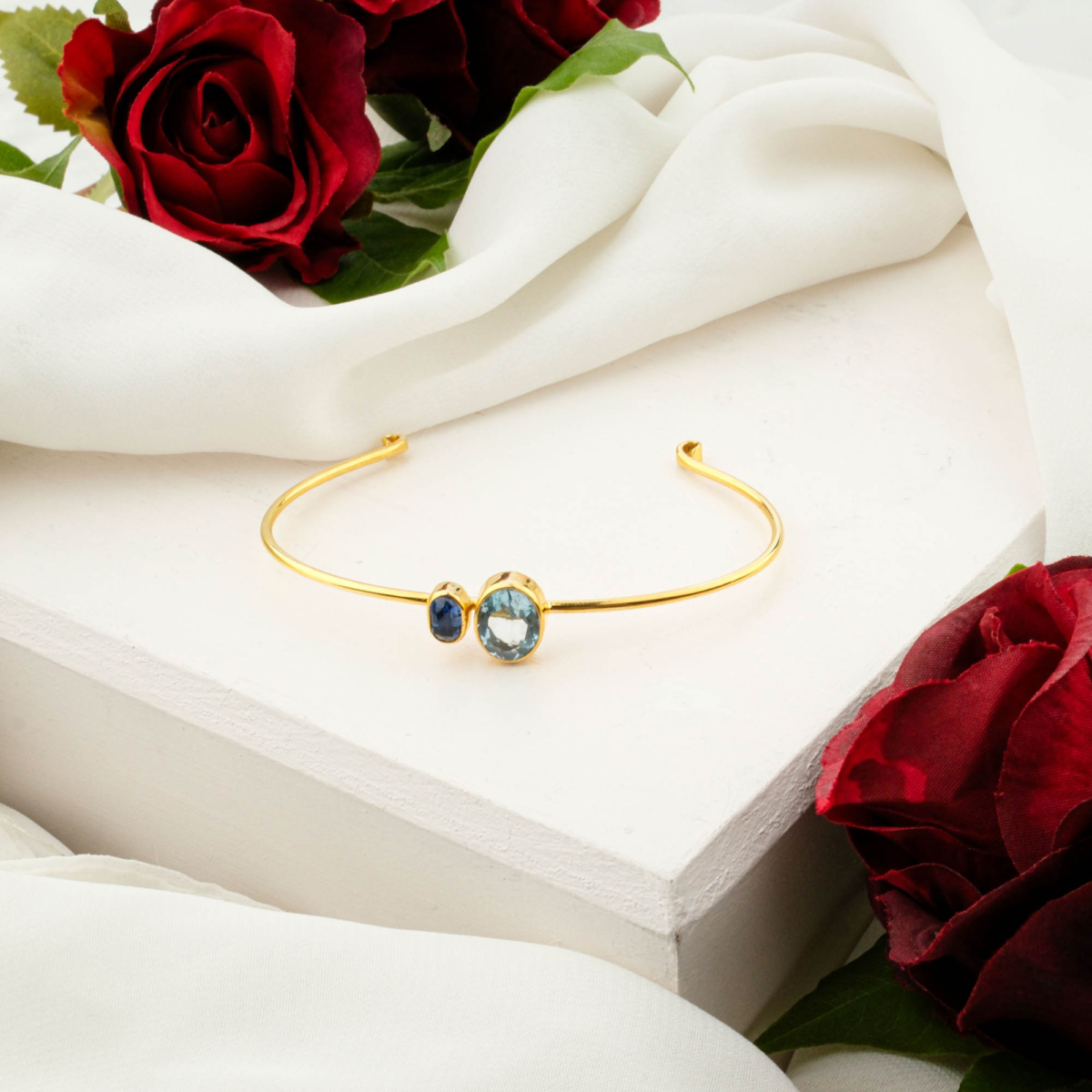 Blue Topaz ve Kyanit Taşı 925 Ayar Gümüş Kelepçe Bileklik
