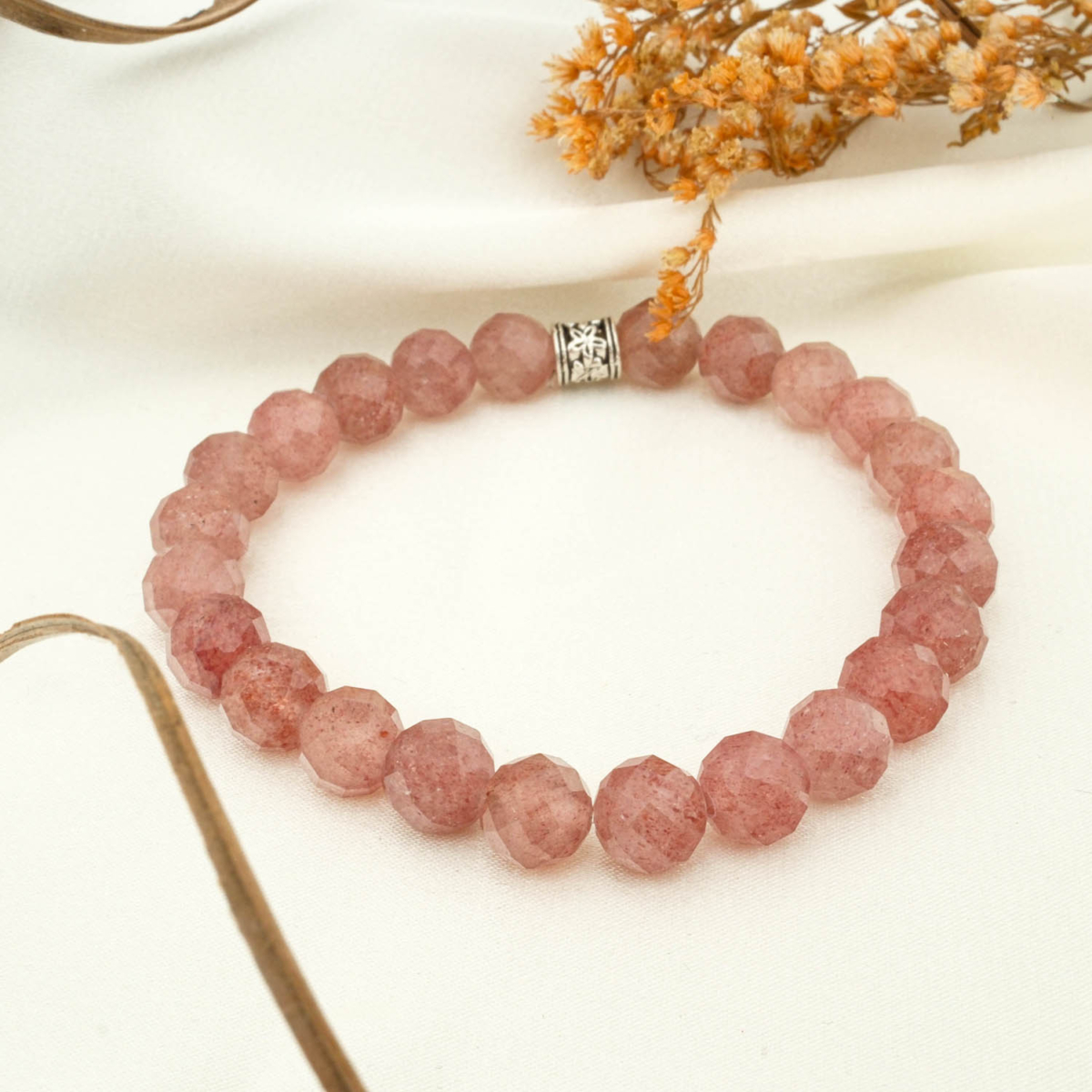 Çilek Kuvars Doğal Taş Faset Kesim Bileklik (8mm)
