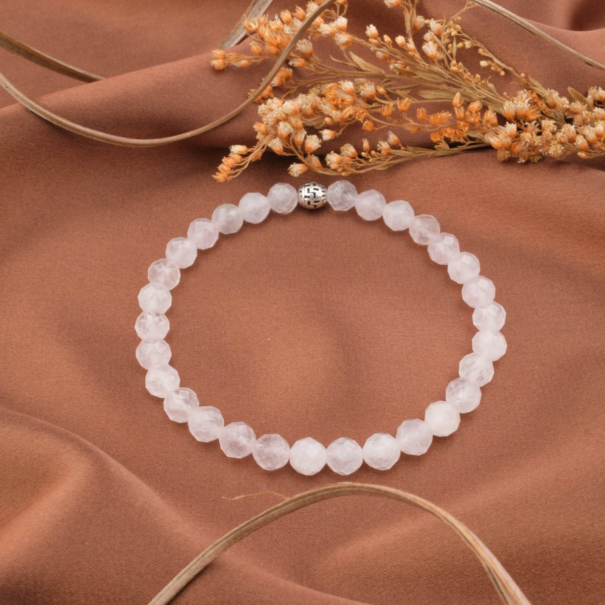 2A+Kalite Pembe Kuvars Doğal Taş Faset Kesim Bileklik (6mm)
