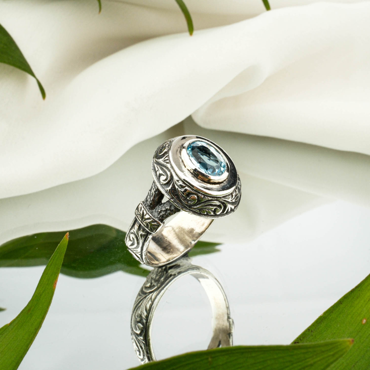Blue Topaz Doğal Taş Gümüş Erkek Yüzük
