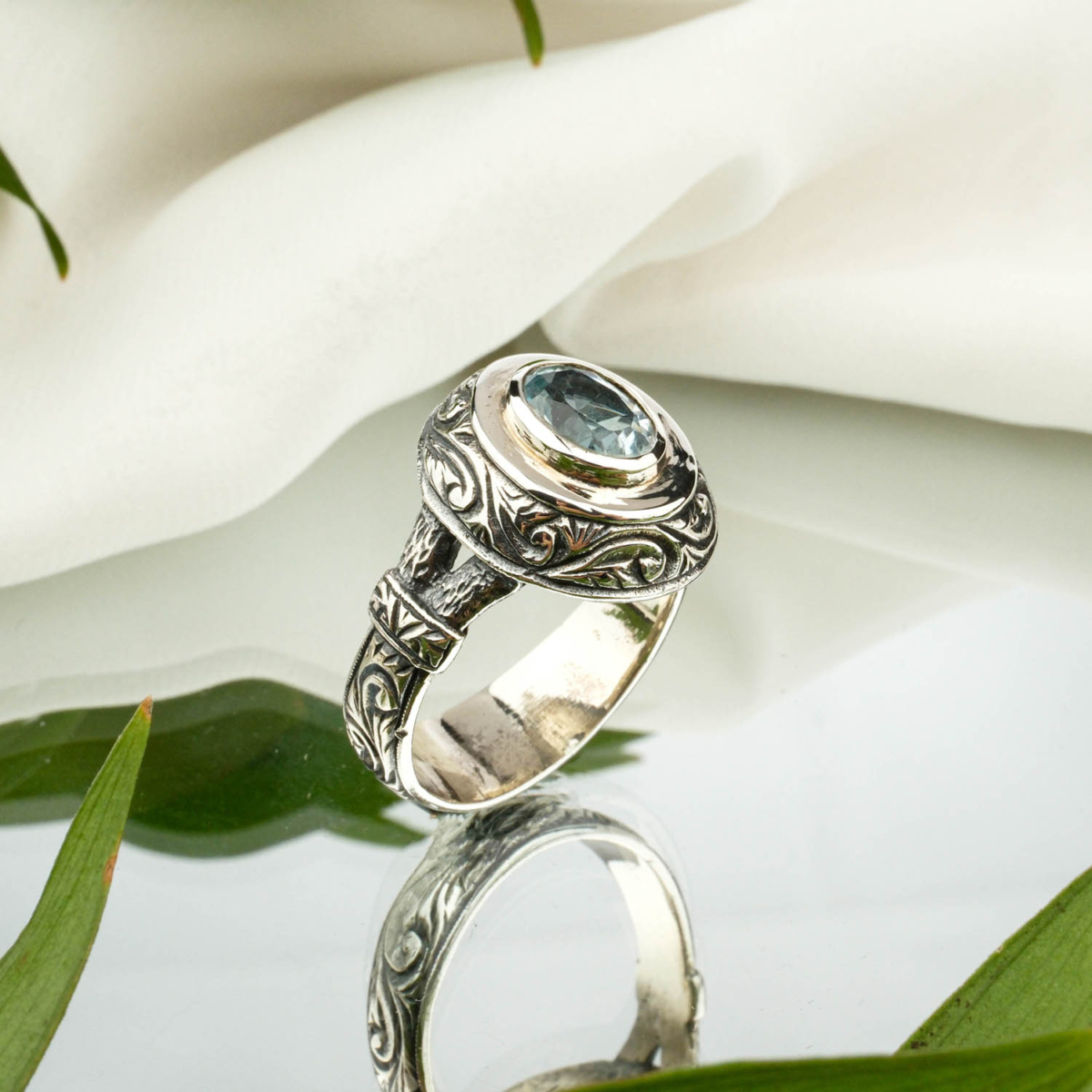 Blue Topaz Doğal Taş Gümüş Erkek Yüzük
