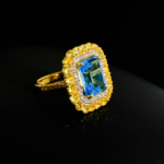 Swiss Blue Topaz ve Sarı Mozanite Taşlı 925 Ayar Gümüş Gold Kaplama Kadın Yüzük - Görsel 5