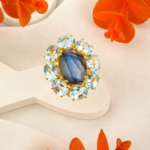 Labradorit ve Blue Topaz Taşı 925 Ayar Gümüş Gold Kaplama Bayan Yüzük