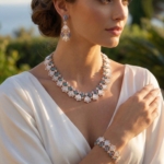 Özel Tasarım Mine İşlemeli Sedef ve Swarovski Taşlı Gümüş Bayan Set