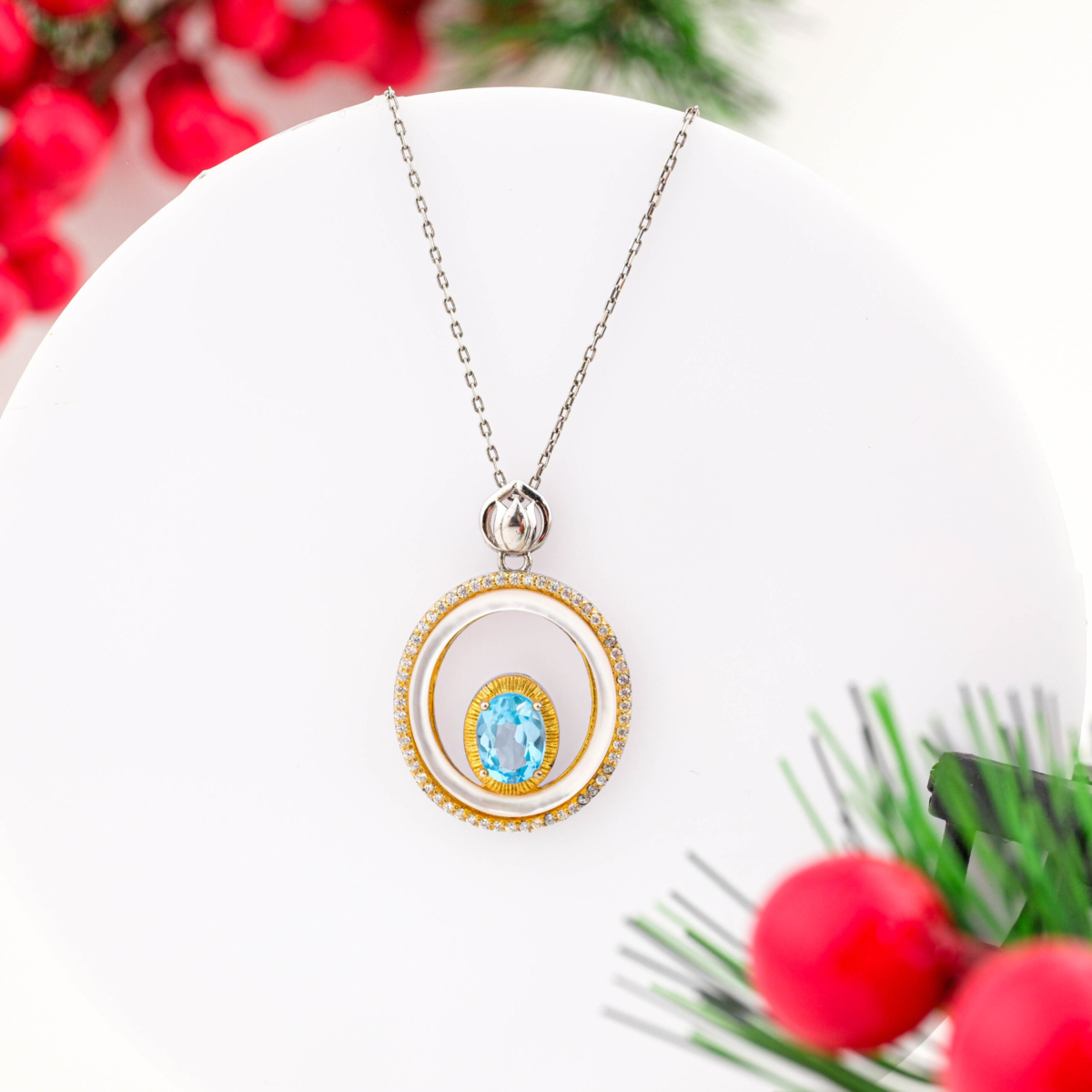Orijinal Topaz, Sedef ve Swarovski Taşı 925 Ayar Gümüş Tasarımlı Bayan Kolye