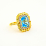 Swiss Blue Topaz ve Sarı Mozanite Taşlı 925 Ayar Gümüş Gold Kaplama Kadın Yüzük - Görsel 4