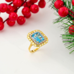 Swiss Blue Topaz ve Sarı Mozanite Taşlı 925 Ayar Gümüş Gold Kaplama Kadın Yüzük