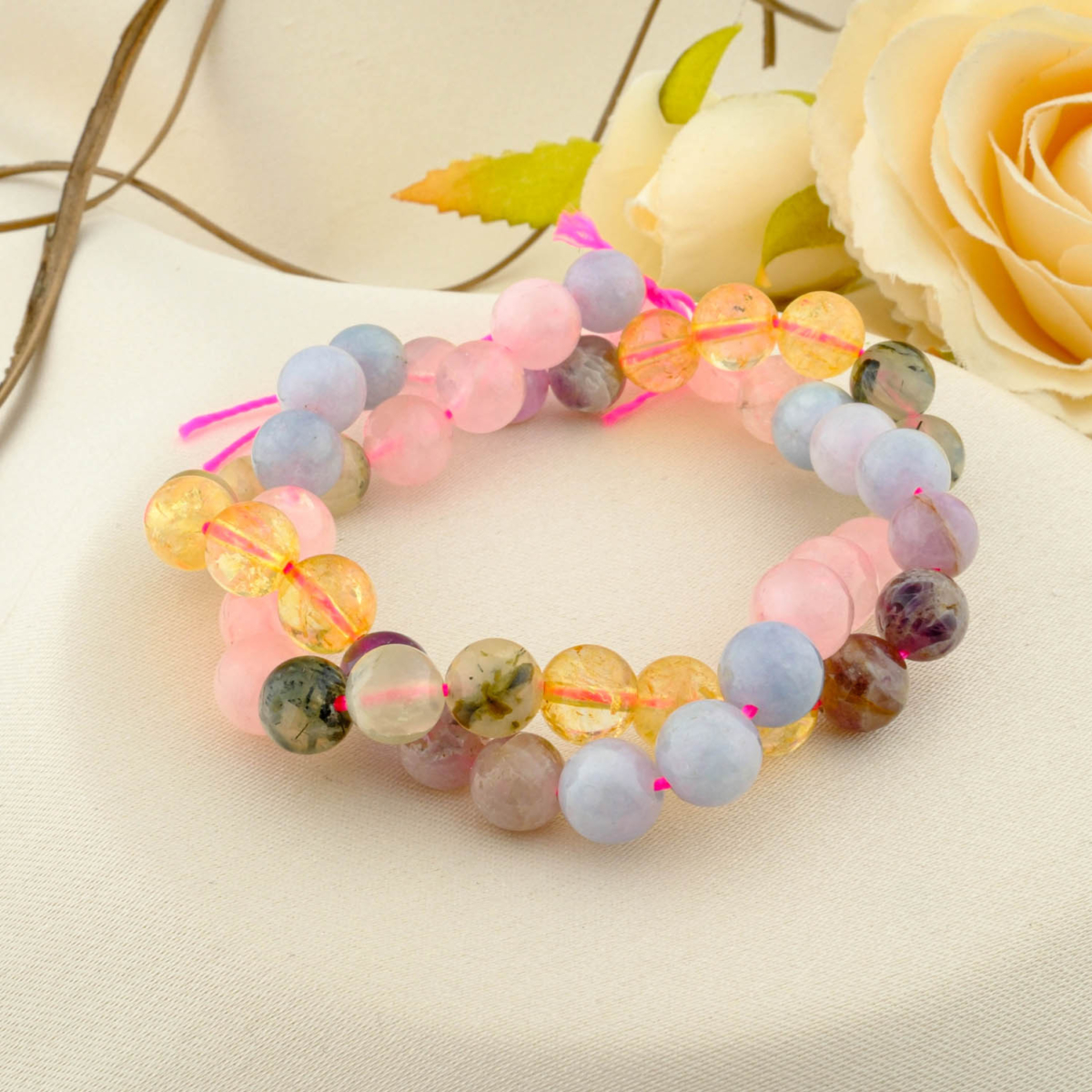 Çakra (Pembe Kuvars, Akuamarin, Prenhite, Sitrin ve Ametist) Doğal Taş Dizi (8mm)