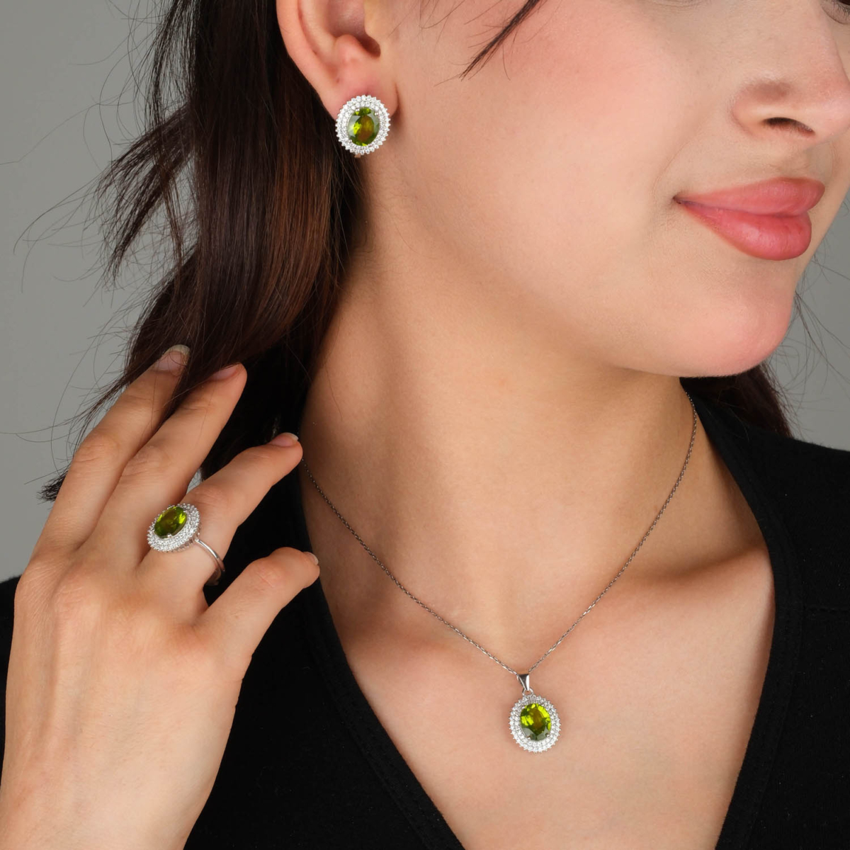 Orijinal Zebercet (Peridot) Taşı 925 Ayar Gümüş Set