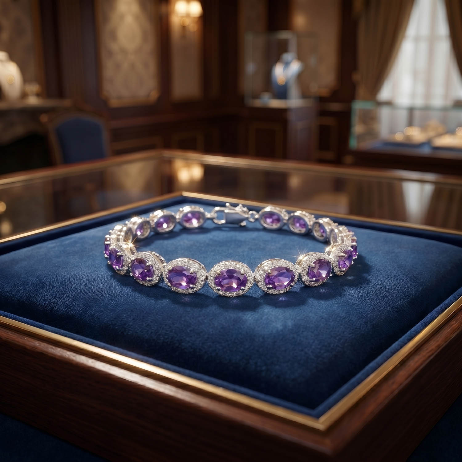 925er Sterlingsilber Damenarmband, verziert mit ovalen originalen Amethyst-Natursteinen und funkelnden Details.