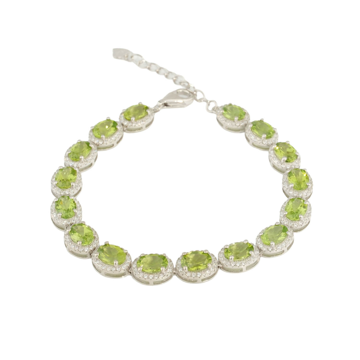 925er Sterlingsilber Damenarmband, verziert mit ovalen originalen Peridot-Natursteinen und funkelnden Details.